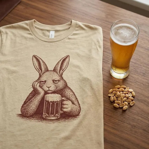 Trött kanin dricker öl t-shirt – rolig deprimerad kanin djur t-shirt – present till ölälskare – unisex grafisk t-shirt