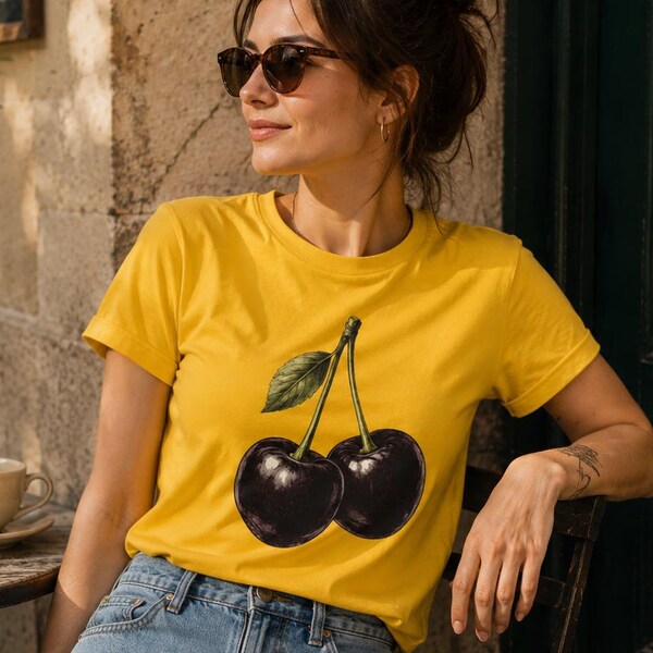 Svarta körsbär T-shirt, Botanisk Frukt-t-shirt, Mörk Körsbär
