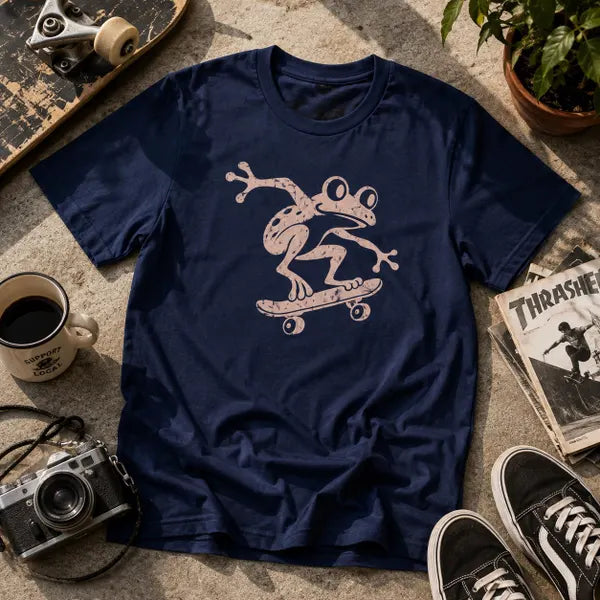 Groda på skateboard t-shirt | Söt groda skater grafisk t-shirt | Unisex rolig djur t-shirt | Streetwear estetik | Present till skater | Naturälskare present