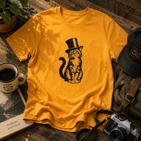 Katt i hatt t-shirt | Stencilkonst grafisk t-shirt | Unik kattälskarpresent | Unisex mjuk bomull | Konstnärlig t-shirt