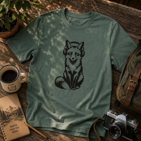 Räv med hörlurar t-shirt | Musikälskarpresent | Stencilkonst räv t-shirt | Unisex grafisk t-shirt | Urban streetwear | Musikfestival outfit