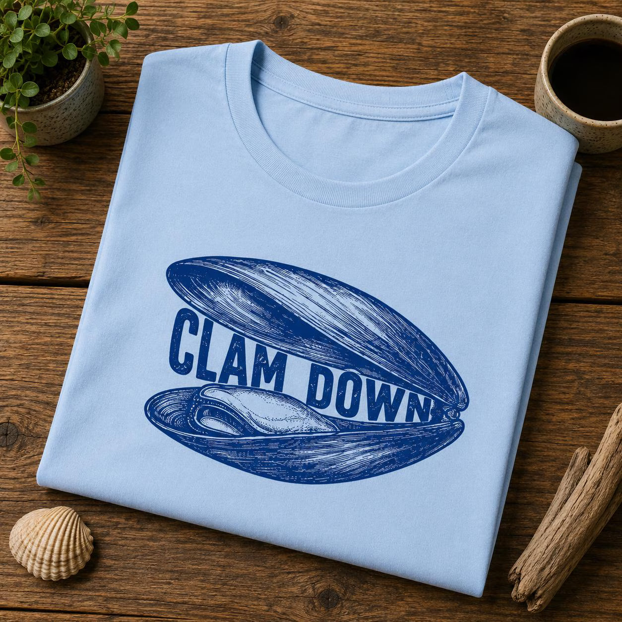 CLAM DOWN grafisk t-shirt – Blåmussla screentryck unisex tröja