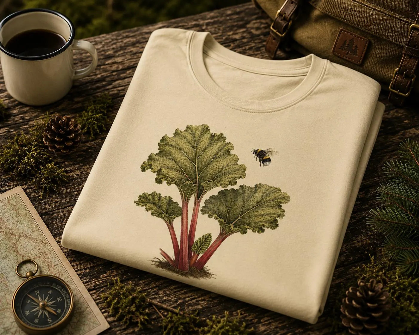 Vintage Rabarber & Humla T-shirt | Botanisk Trädgårdsillustration | Skandinavisk Naturskjorta | Cottagecore Pollinationskonst