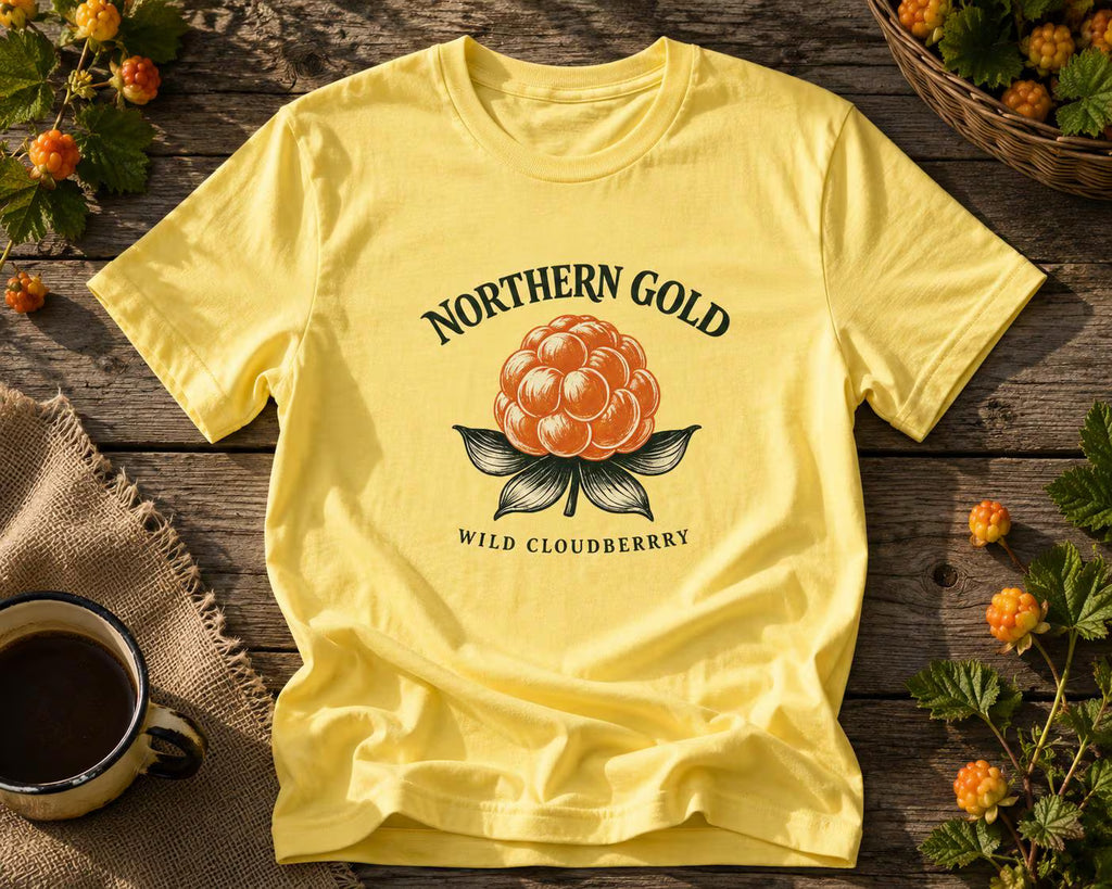 Northern Gold Hjortron T-shirt, Vildbär Botanisk T-shirt, Skandinavisk Natur-tröja, Present till Naturälskare