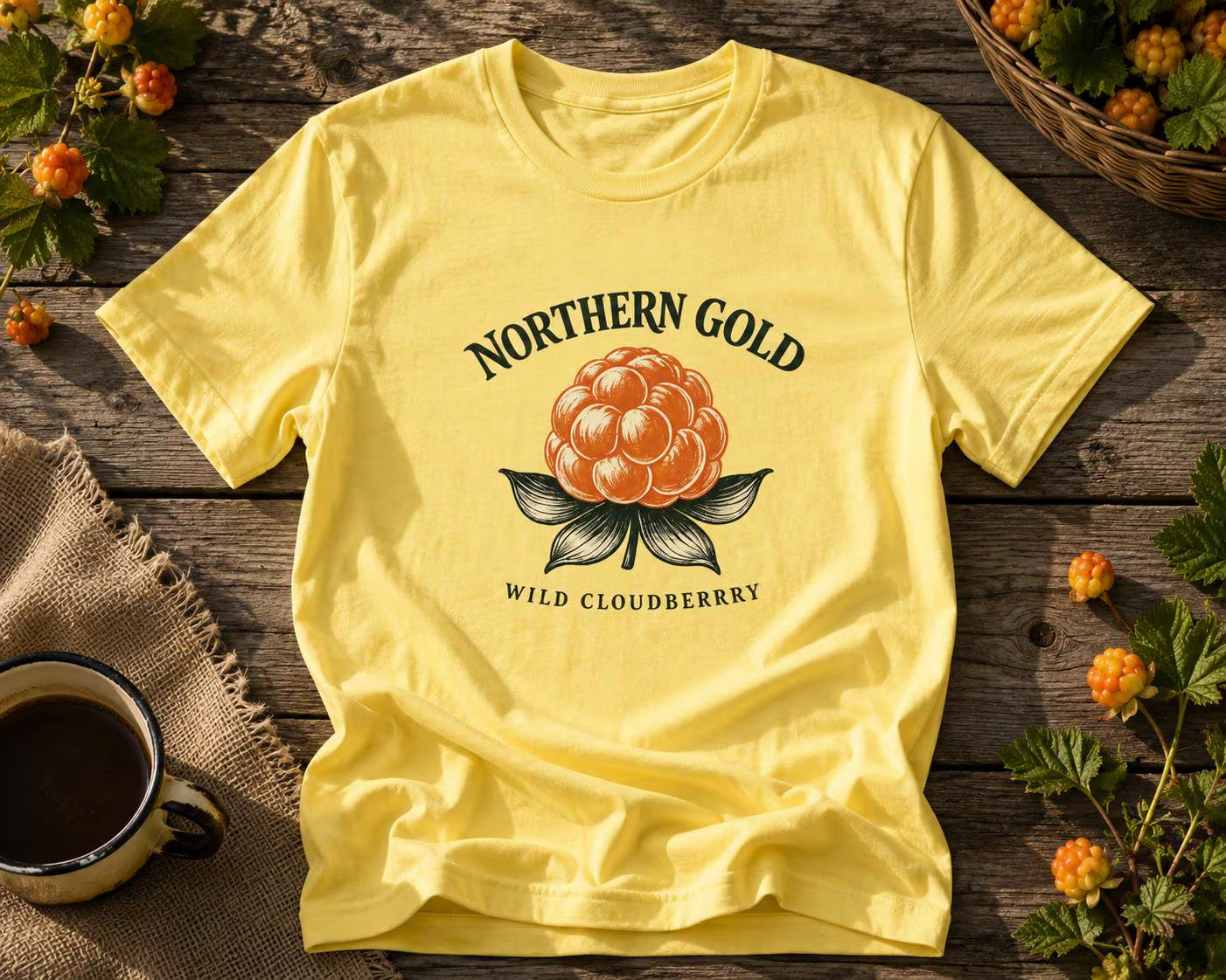 Northern Gold Hjortron T-shirt, Vildbär Botanisk T-shirt, Skandinavisk Natur-tröja, Present till Naturälskare