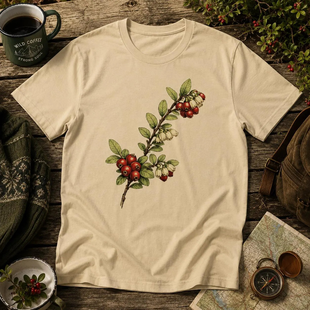Lingonris T-shirt – Botanisk Illustration – Skandinavisk Skogslingon