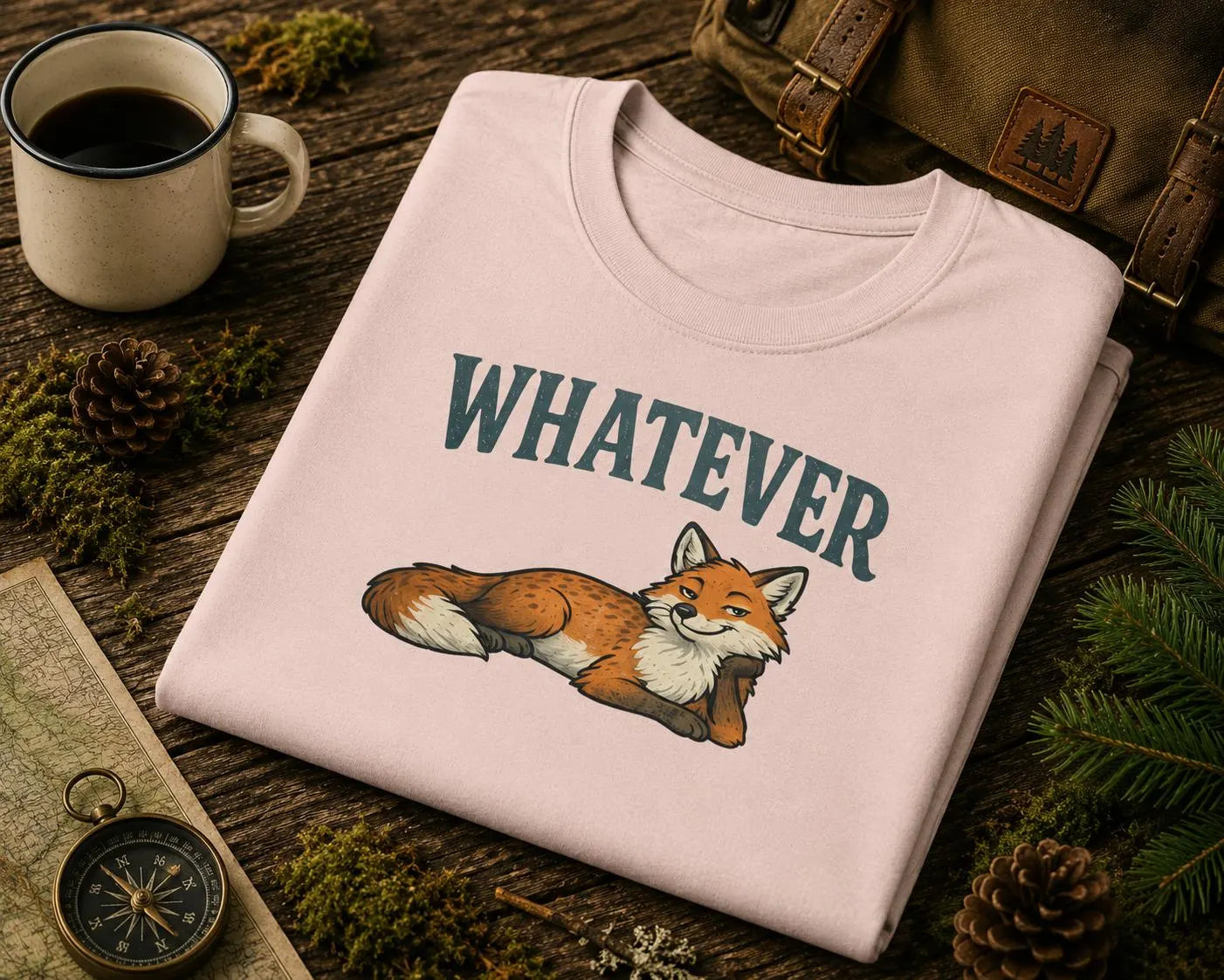 En avslappnad räv med ett enkelt budskap: WHATEVER. En lekfull skandinavisk illustration för dig som inte tar livet för allvarligt.