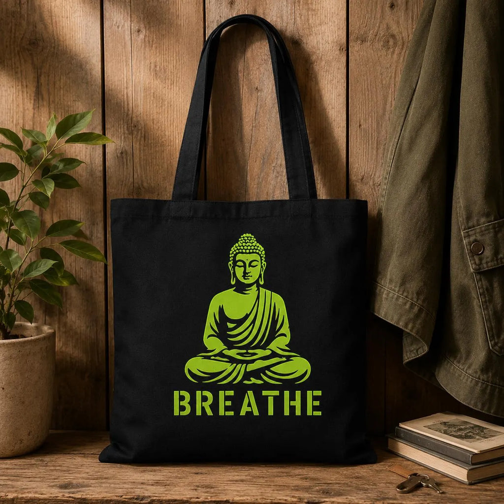 Neongrön Buddha Tygkasse – BREATH Stoisk Yogakasse – Estetisk Andlig Bomullskasse – Miljövänlig Zenpåse – Present till Yogautövare