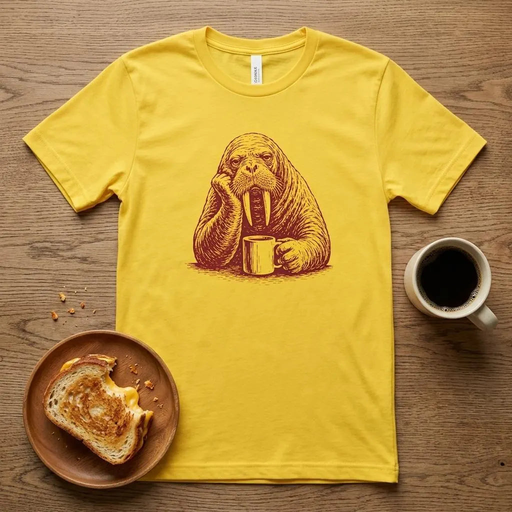 Trött valross kaffe t-shirt – rolig måndagsmorgon t-shirt – baksmälla söt djur grafisk t-shirt – unisex kaffeälskare present