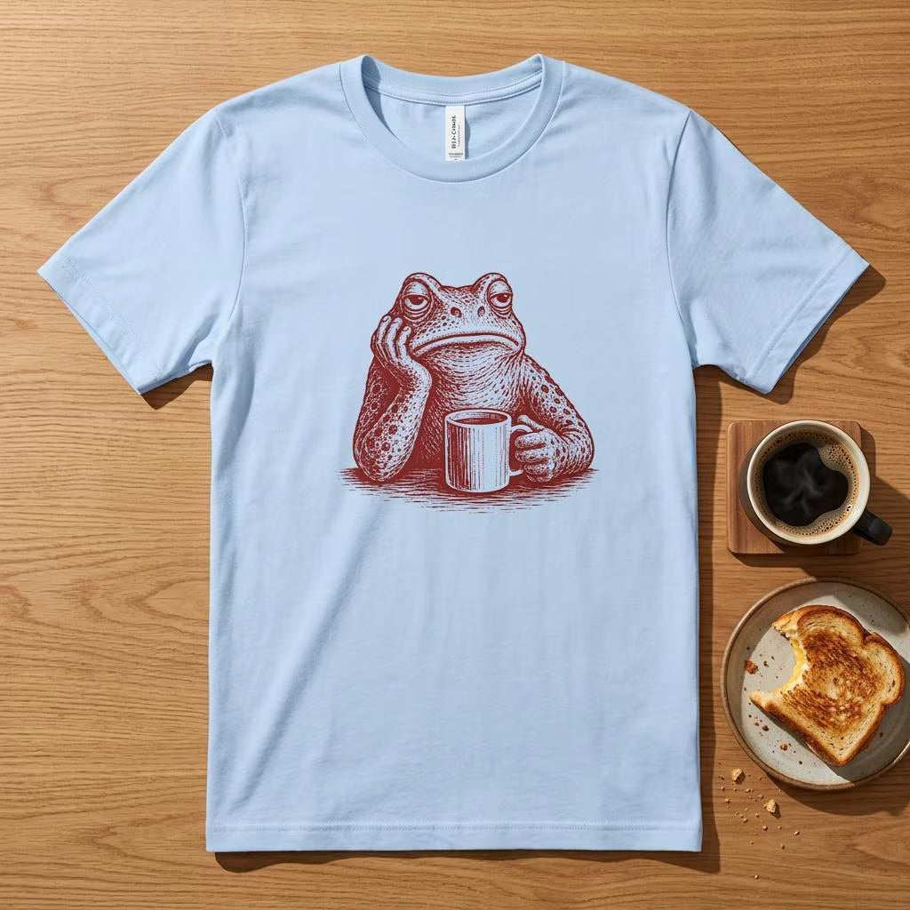 Trött groda kaffe t-shirt – rolig måndagsmorgon ästhetisk t-shirt – relaterbar deprimerad groda t-shirt – söt grunge present för kaffeälskare