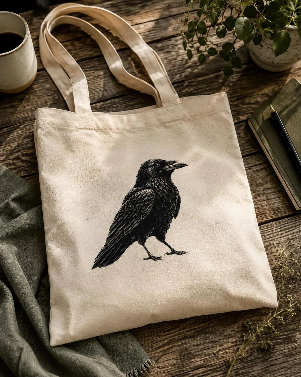 Svart Korp Tygväska | Gotisk Fågel Screenprinttryck Bomullsväska | Witchy Estetik Miljövänlig Tote | Dark Academia Accessoar | Present till Fågelälskare