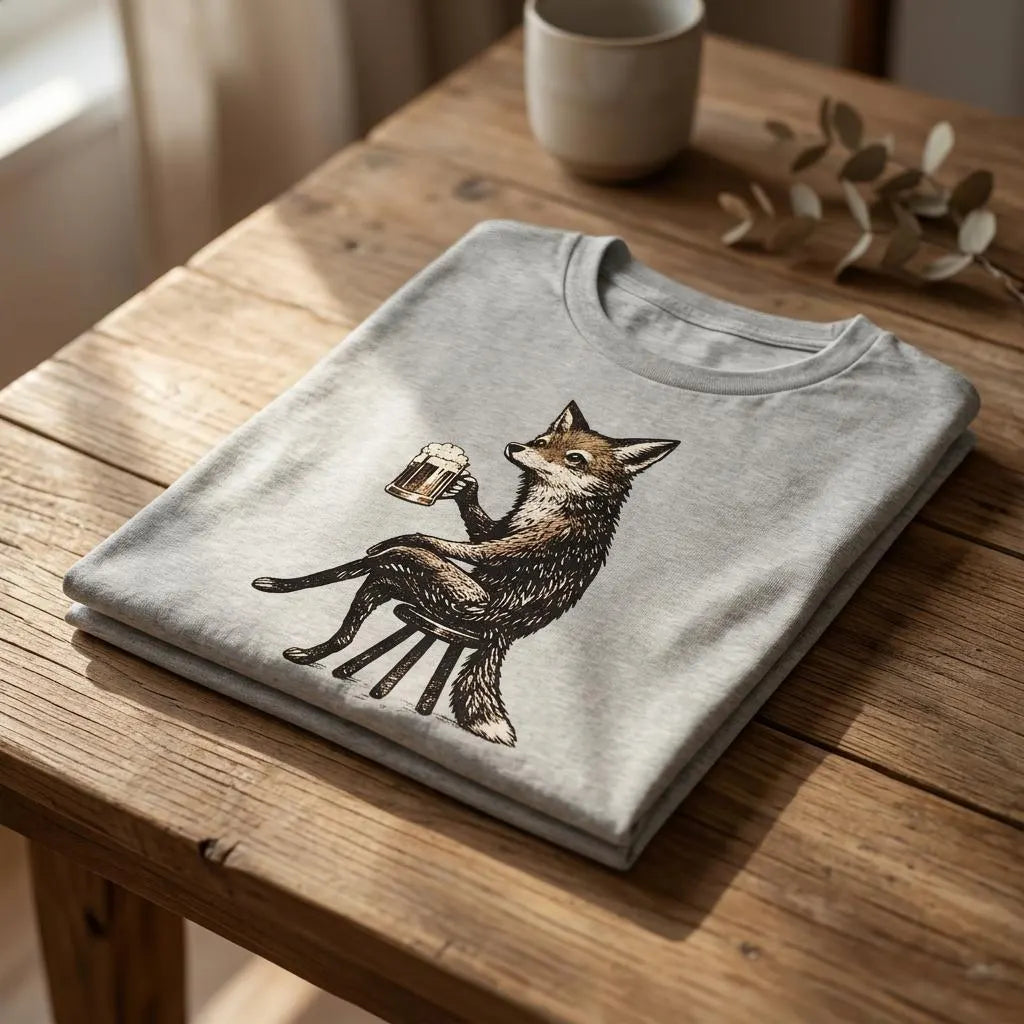 Räv som Dricker Öl T-shirt – Rolig Djurgrafisk T-shirt, Avslappnad Unisex T-shirt, Present till Naturälskare, Söt Räv-T-shirt, Mjuk Bomull