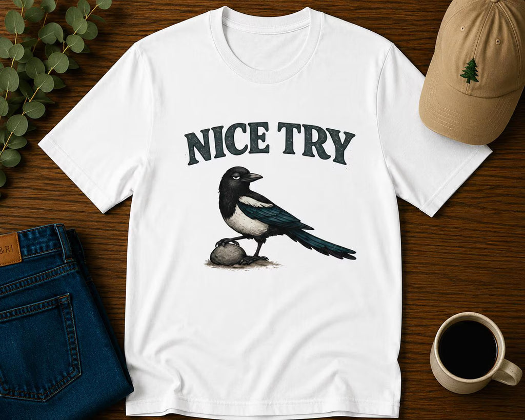 Nice Try Skata T-shirt – Rolig present till fågelvän | Sassy Skata Grafisk T-shirt | Unisex bomulls-t-shirt