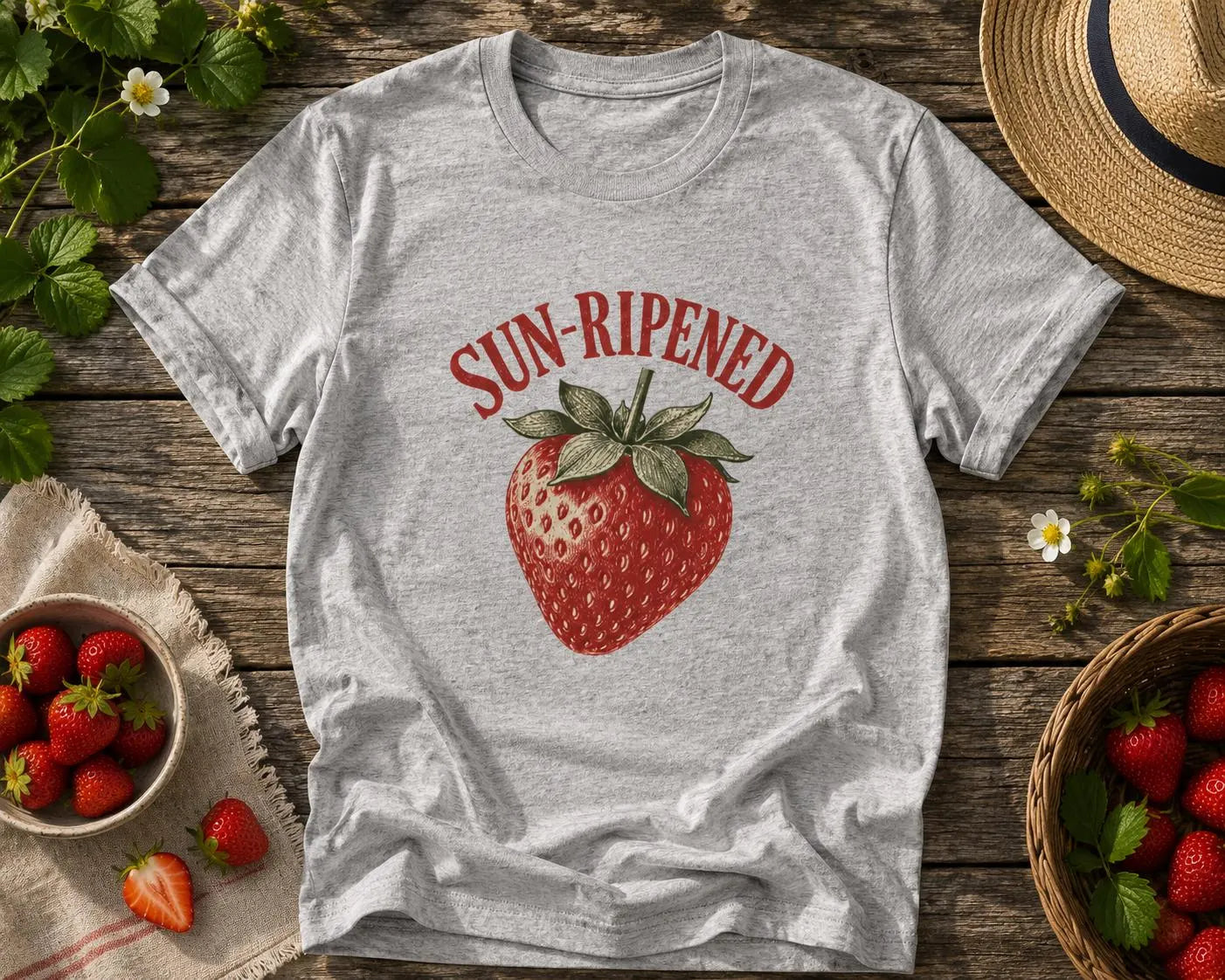 'Sun-ripened' Jordgubbe T-shirt, Söt Cottagecore Grafisk T-shirt, Fruktmönstrad T-shirt, Mjuk Botanisk Present