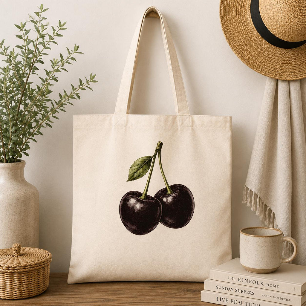 Scandinavian körsbärs-Tygpåse | Stor Svart Körsbärstryck Canvasväska | Minimalistisk Botanisk Bomullstygpåse