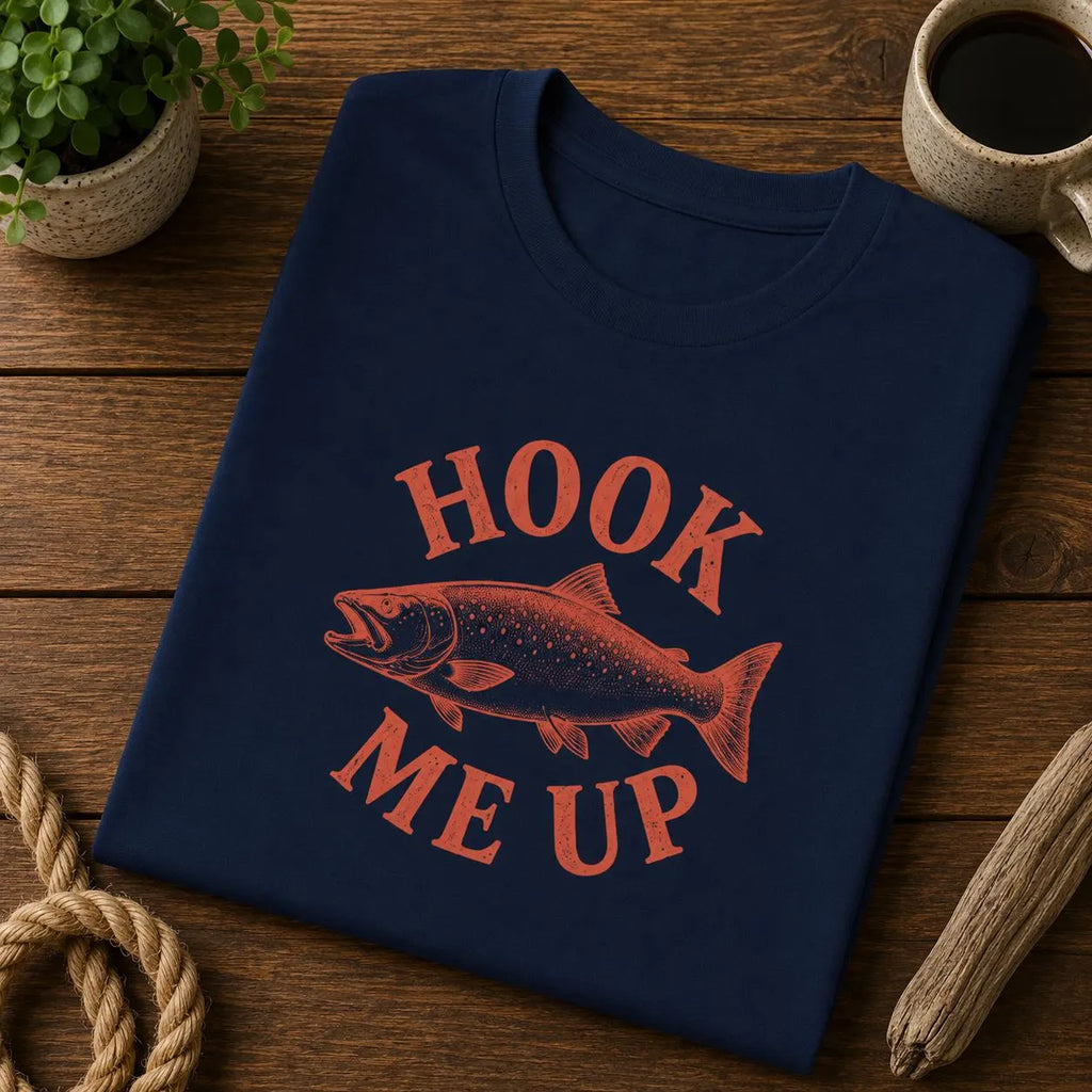 'Hook Me Up'  – Rolig öring T-shirt – Vintage Fiskare Flugfiske Present till Fiskare