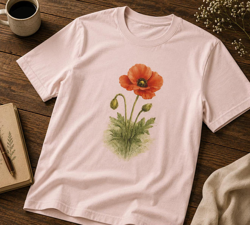 Minimalistisk Nordisk Vallmo T-shirt, Skandinavisk Blomster-t-shirt, Botanisk Blomtröja, Enkel Present till Naturälskare, Unisex Mjuk Bomull Botanisk