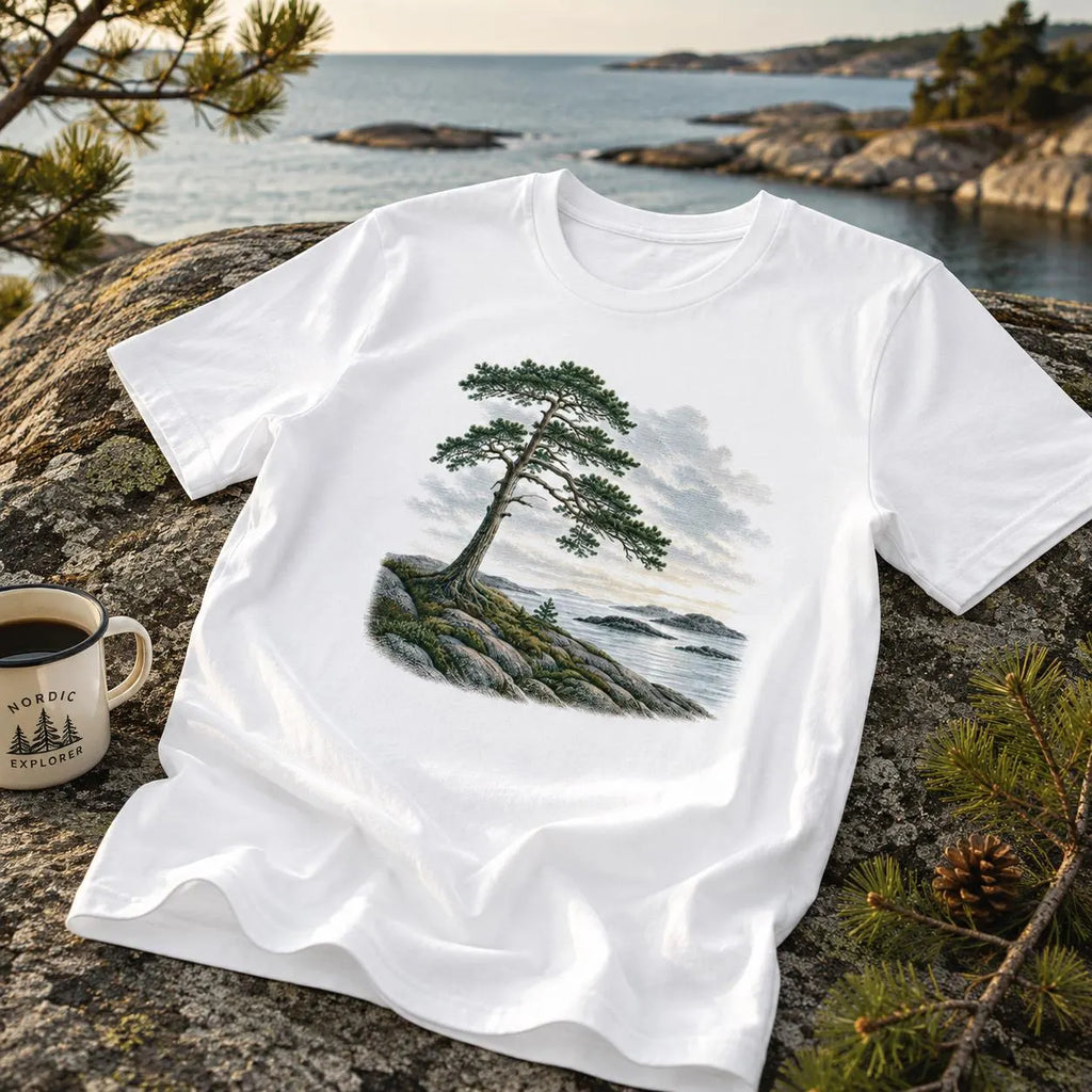 Nordisk Kust, Tall T-shirt | Minimalistisk Natur Skandinavisk Skogs-Tee | Friluftspresent | Vandringskläder