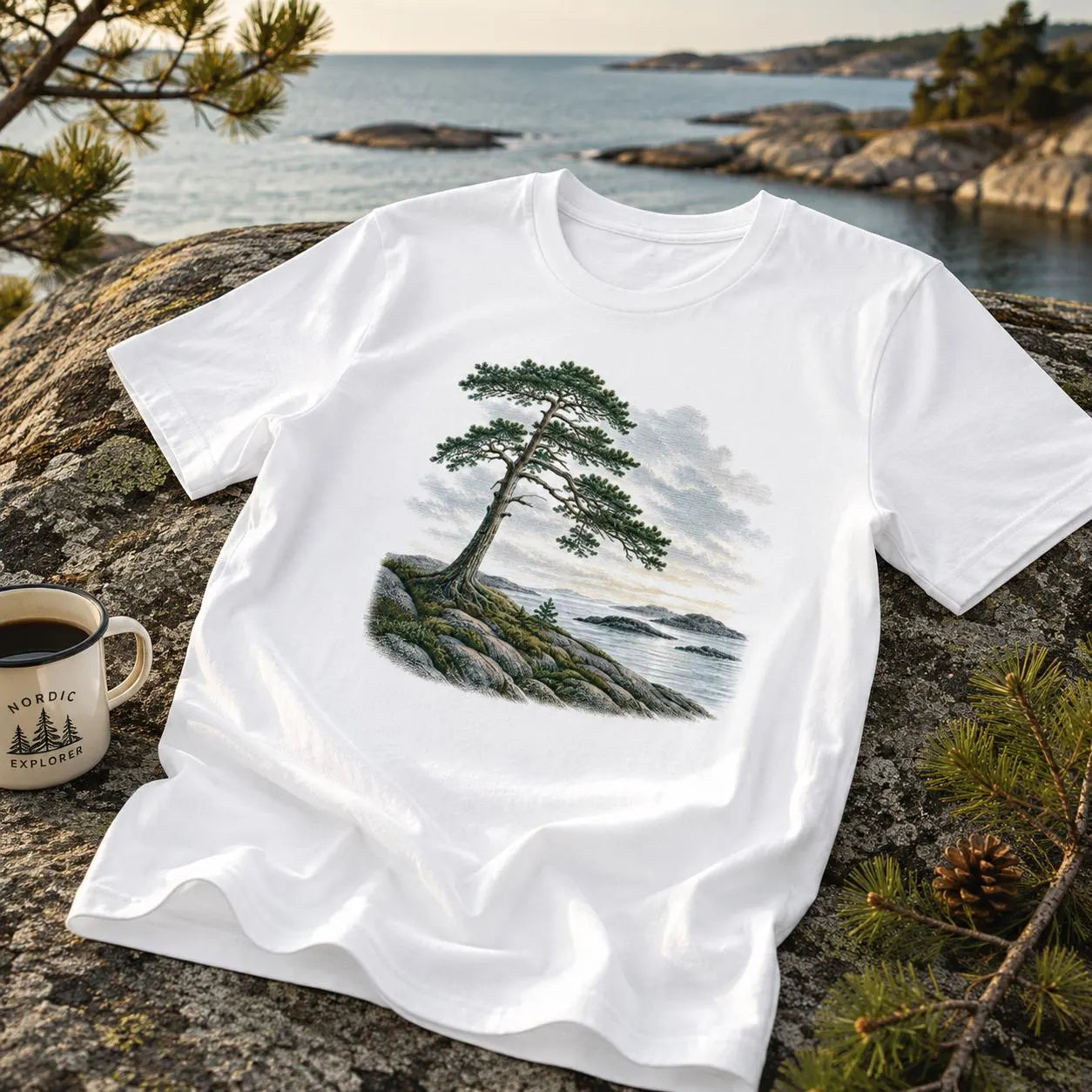 Nordisk Kust, Tall T-shirt | Minimalistisk Natur Skandinavisk Skogs-Tee | Friluftspresent | Vandringskläder