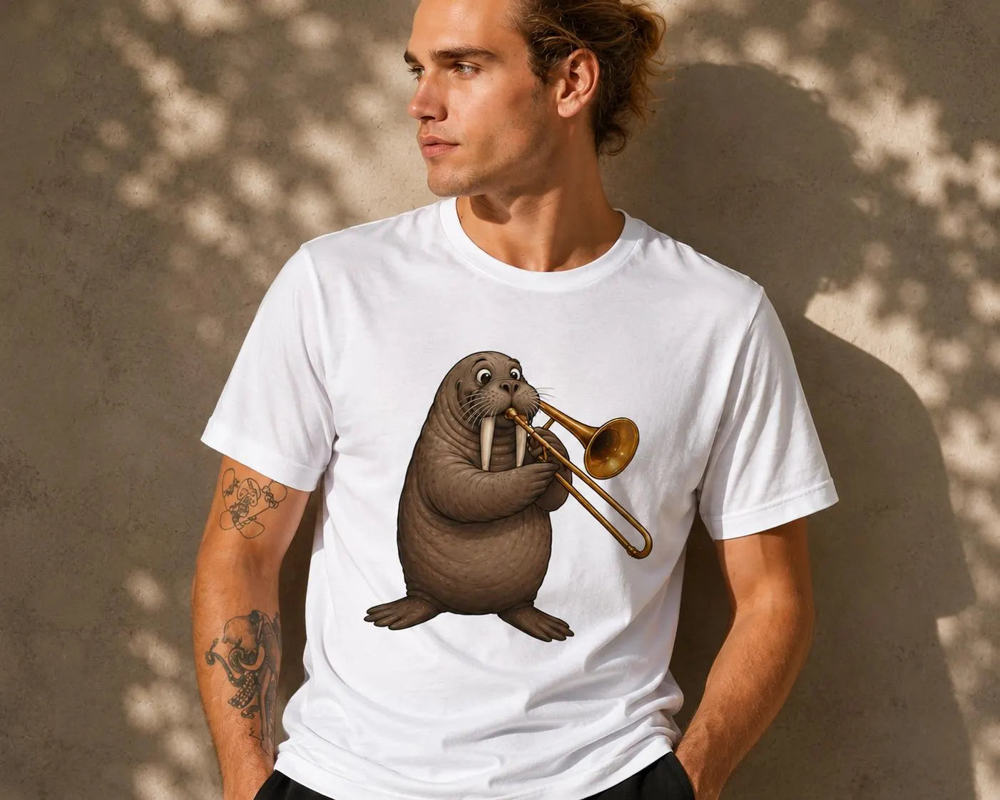 Valross spelar trombon T-shirt – Rolig present till musikälskare | Unik grafisk t-shirt | Jazzband