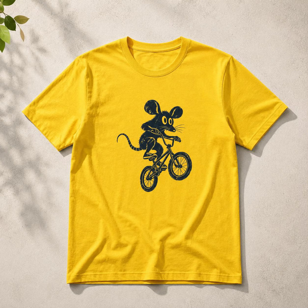 Råtta på BMX t-shirt | Rolig gnagare cykel grafisk t-shirt | Coolt djur streetwear | Unisex urban stil | Present till skateboardåkare och BMX-älskare