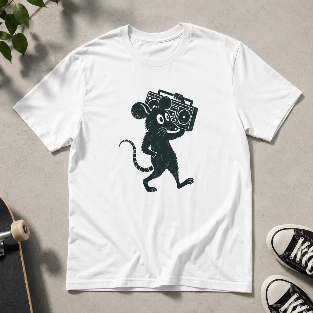 Råtta med boombox grafisk t-shirt – Streetwear retro musikpresent – Unisex DTG-tryckt t-shirt