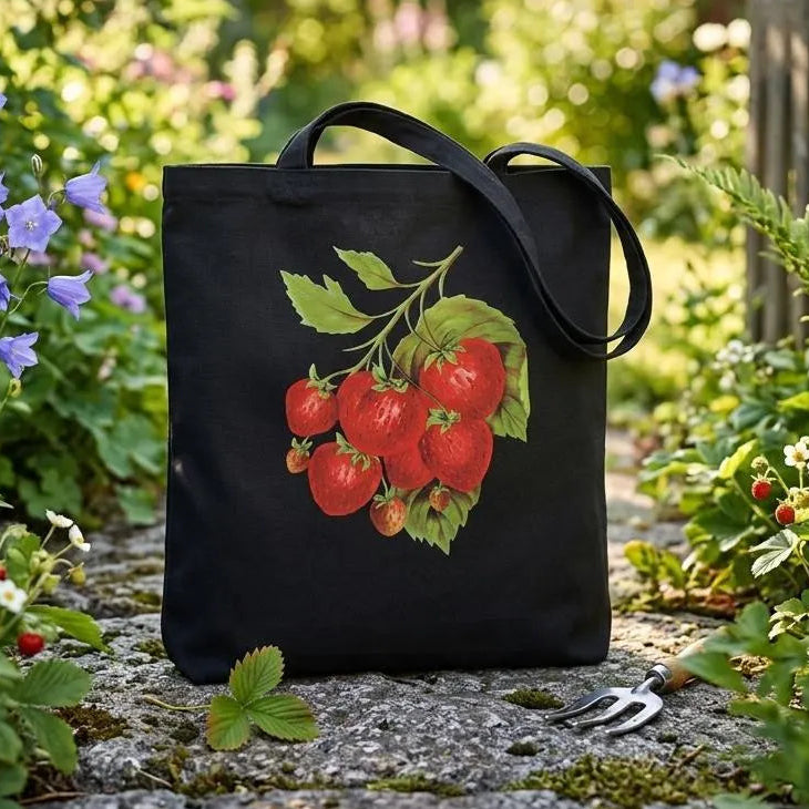 Vintage botanisk Jordgubbar /smultron  tygpåse, antikt växtryck